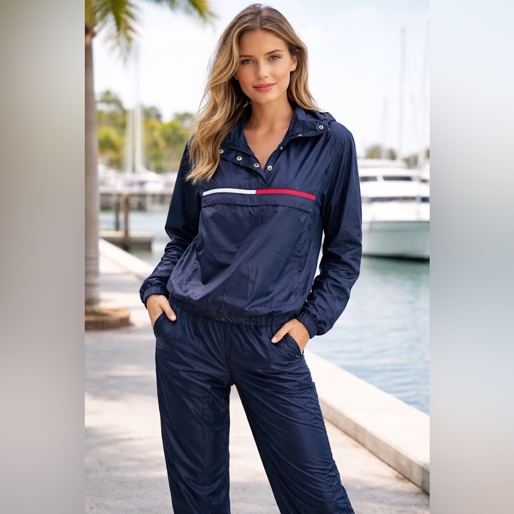 🔥 Tommy Hilfiger Vintage 90s Windbreaker Pullover Jacket Navy M 1/4 Zip Hoodie 🔥 - Picture 2 of 16